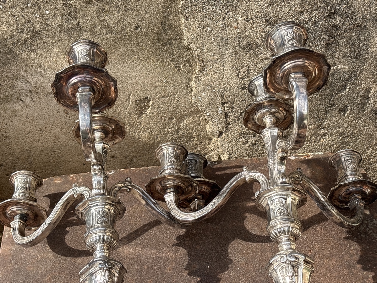Grande Paire Candélabres Chandeliers Metal Argenté -photo-6