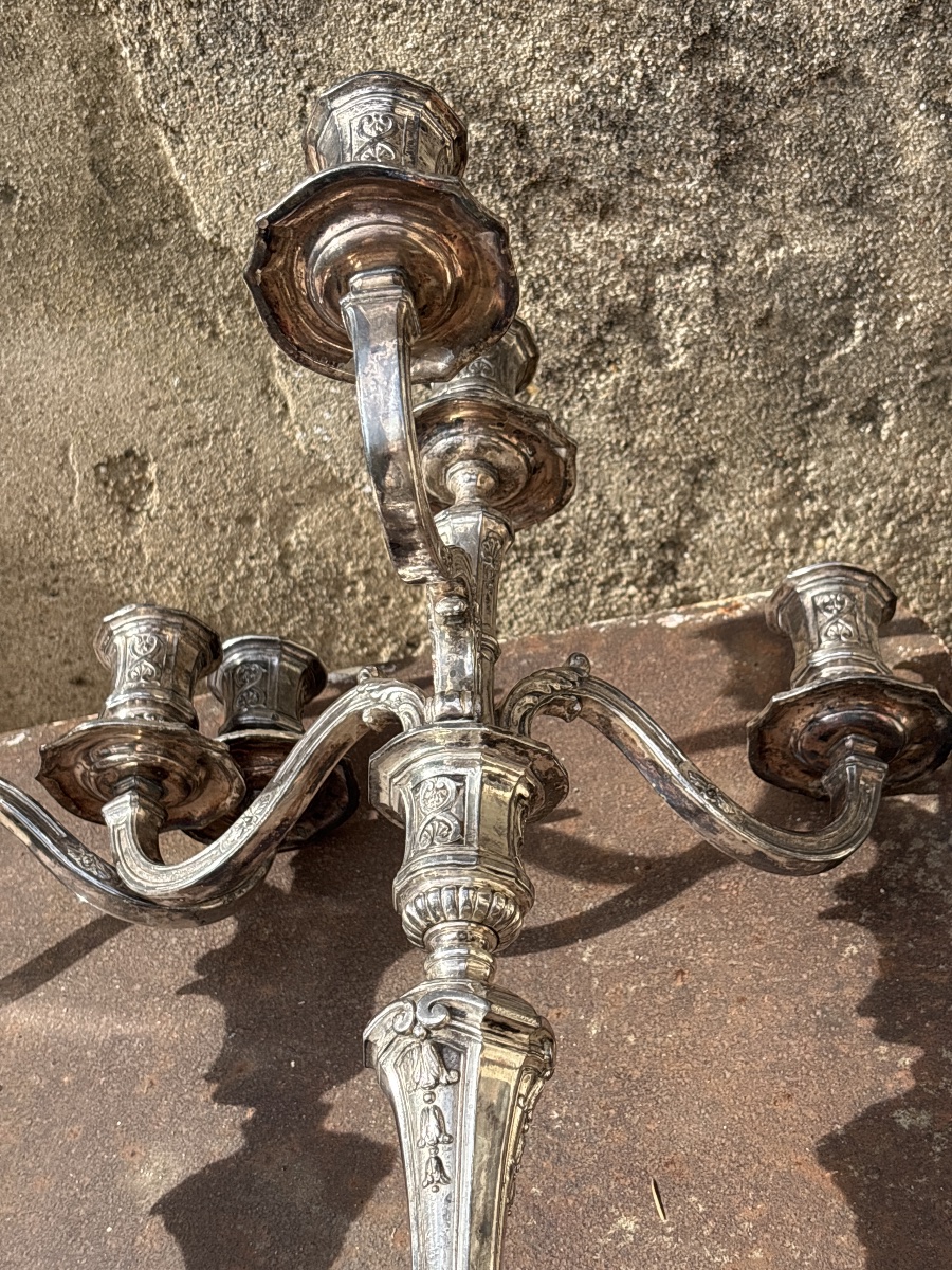 Grande Paire Candélabres Chandeliers Metal Argenté -photo-7