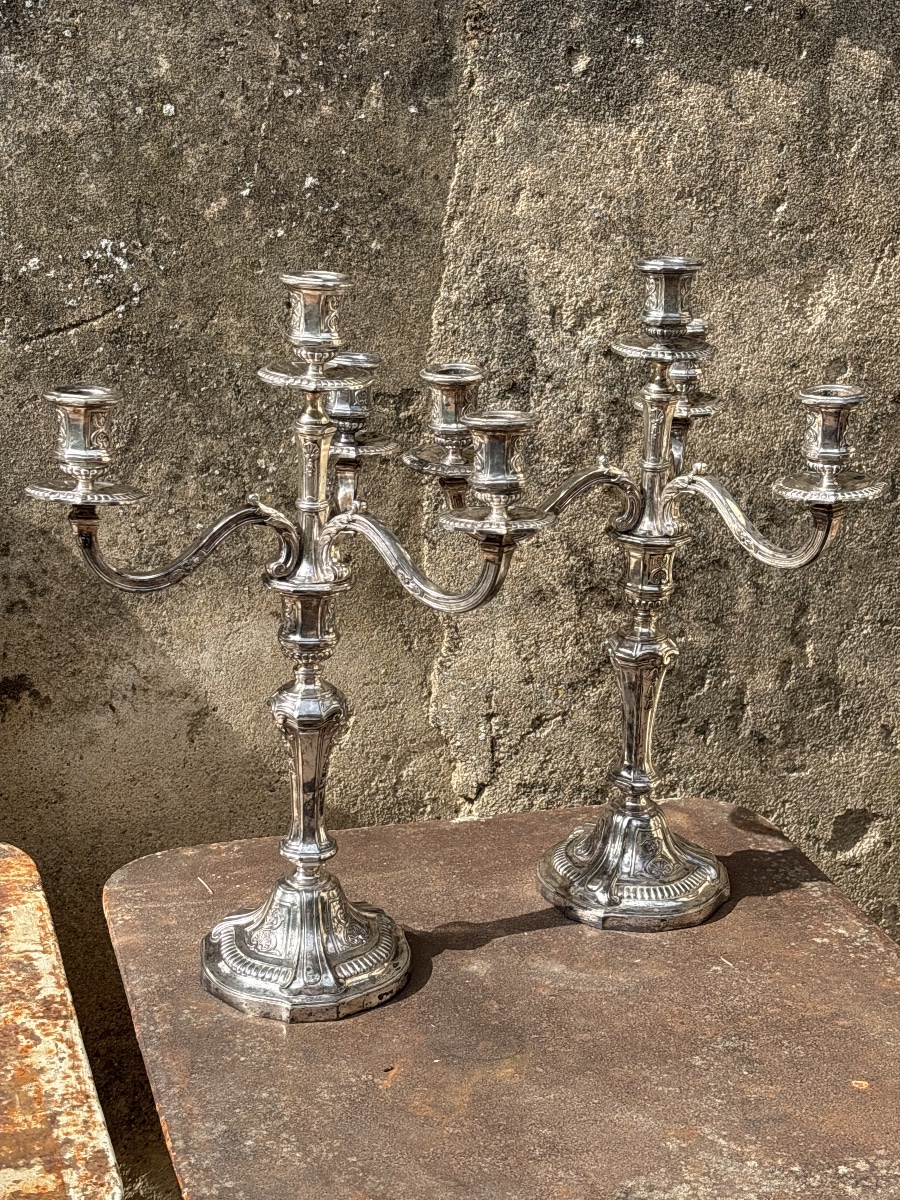 Grande Paire Candélabres Chandeliers Metal Argenté 