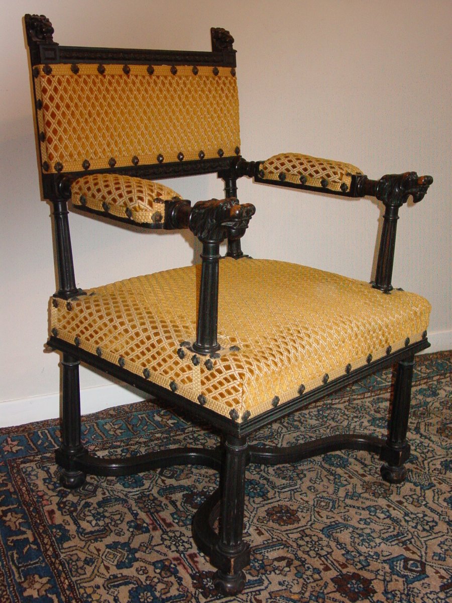 Office Chair S. Renaissance Napoleon III & Its Two Fireside Velvet Genoa-photo-2