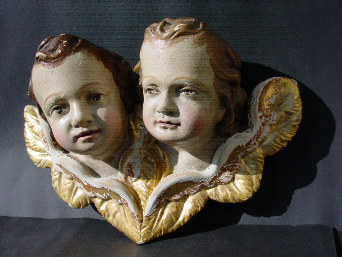 2 Têtes d'Ange Jumeaux En Tilleul Peint & dorés du 19ème siècle Italie baroque Amours Putti-photo-2