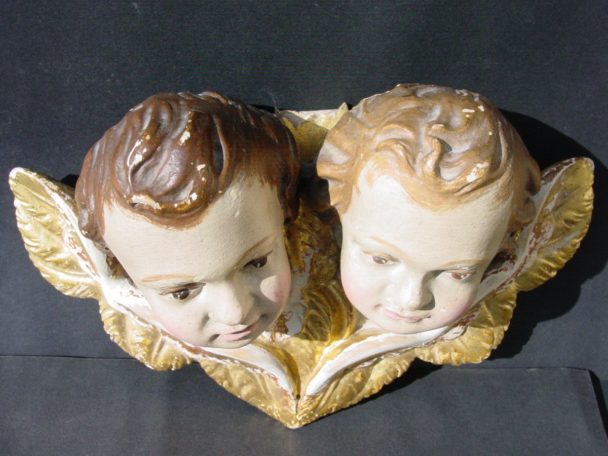 2 Têtes d'Anges Jumeaux  Tilleul Peint & dorés  19ème  Italie baroque, Bavière, Amours Putti -photo-3