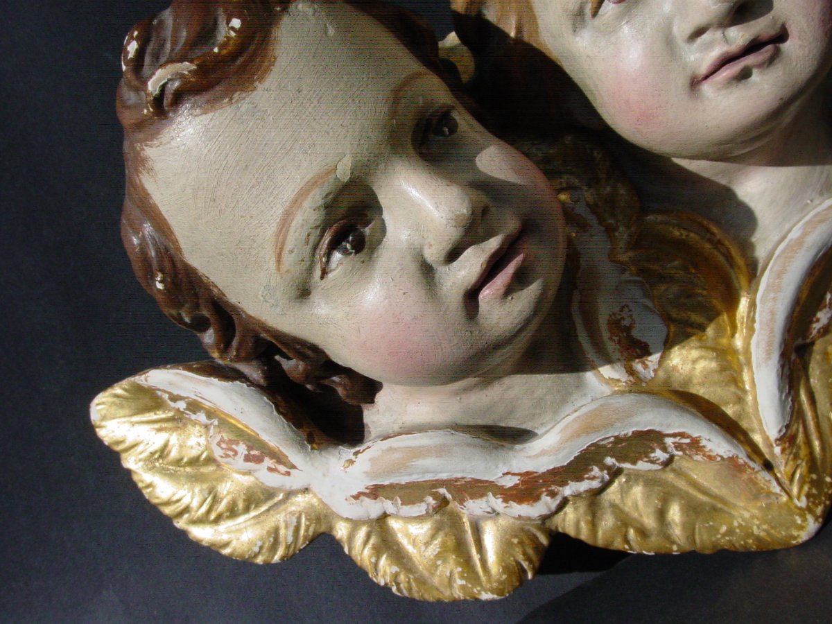 2 Têtes d'Ange Jumeaux En Tilleul Peint & dorés du 19ème siècle Italie baroque Amours Putti-photo-4