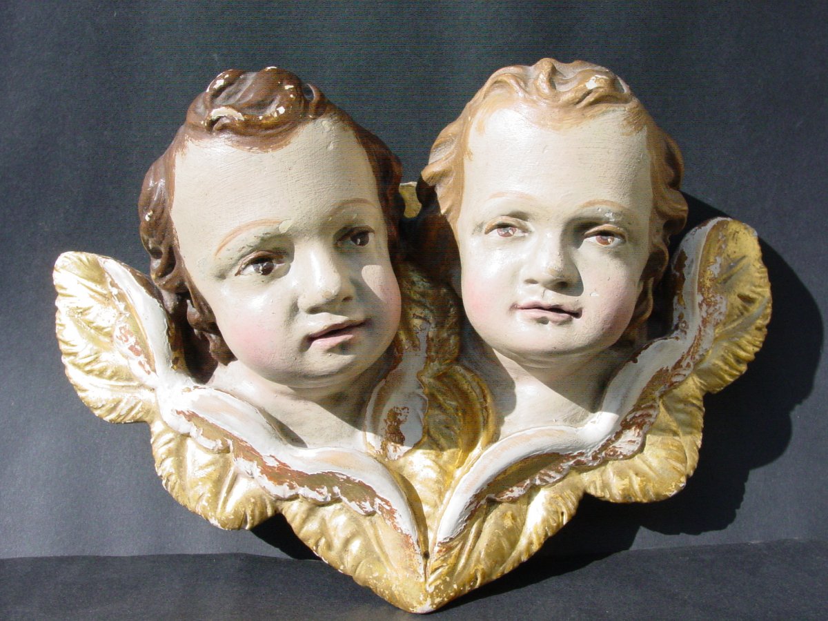 2 Têtes d'Ange Jumeaux En Tilleul Peint & dorés du 19ème siècle Italie baroque Amours Putti