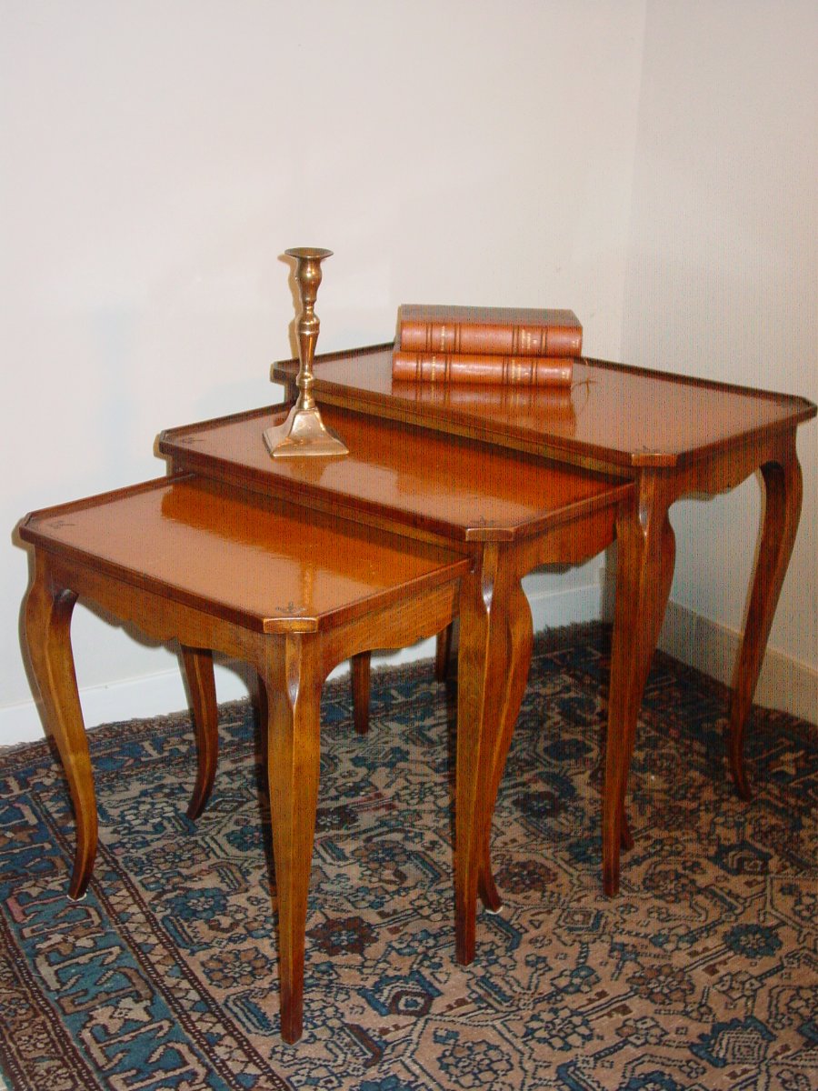 Set Of Three Neoclassical Nesting Tables Patinated Leather Top. "club Armchairs" Spirit
