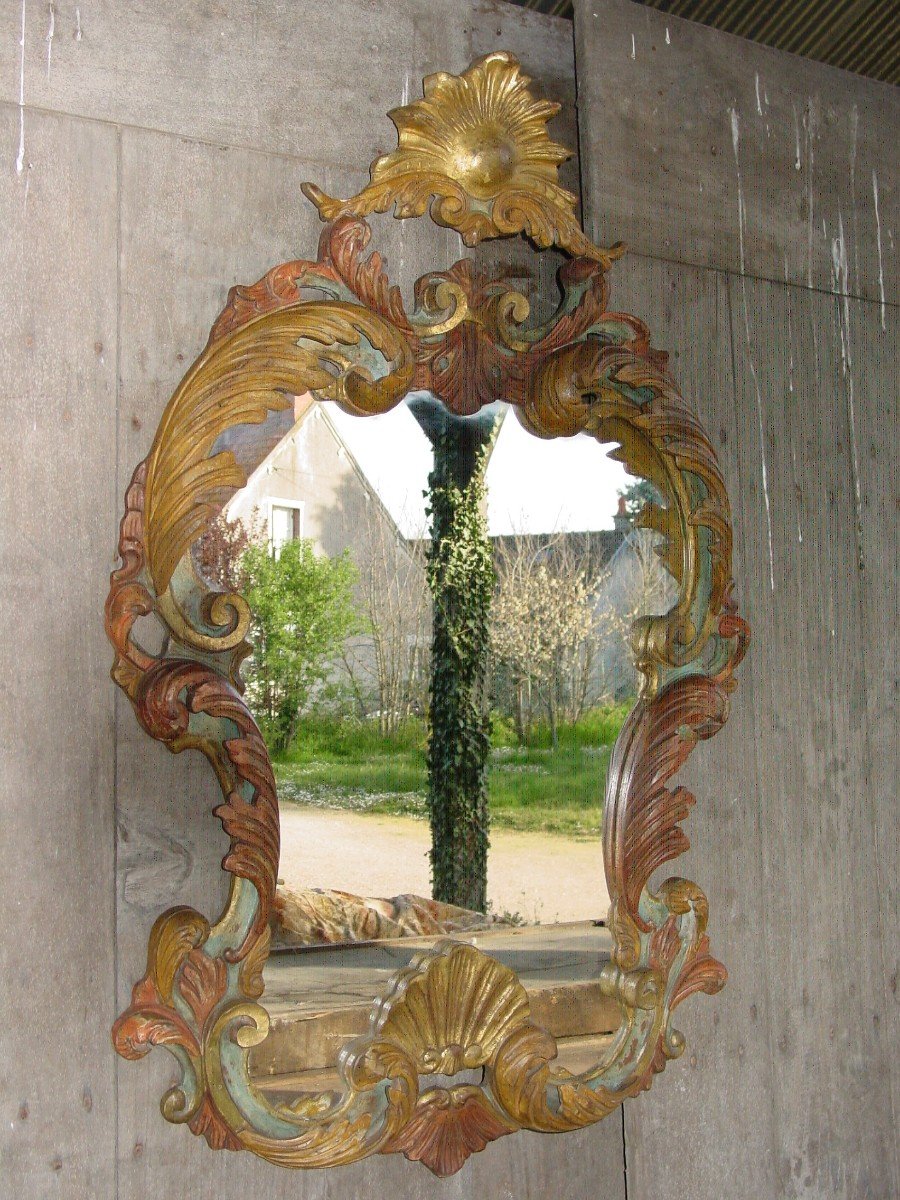 Grand Miroir Baroque En Bois Peint & Doré Italie Du 20 ème Siècle Louis XV-photo-6