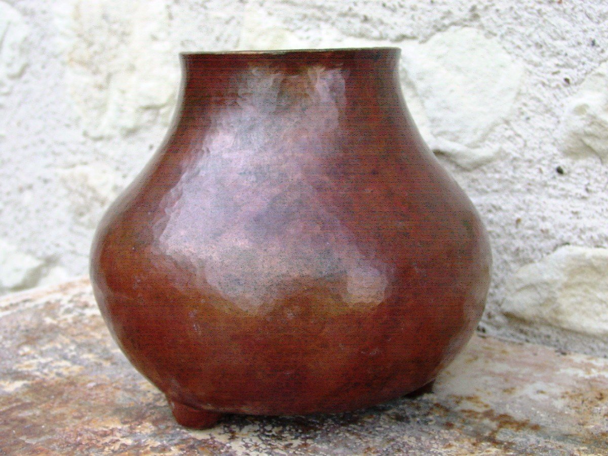 Vase Coloquinte En Cuivre Martelé & Oxydé Dinanderie Art-déco Proche Linossier