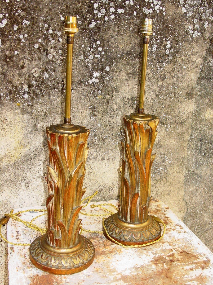 Pair Of Lamps With Golden Wood Decor Carved With Palm Feet-photo-6