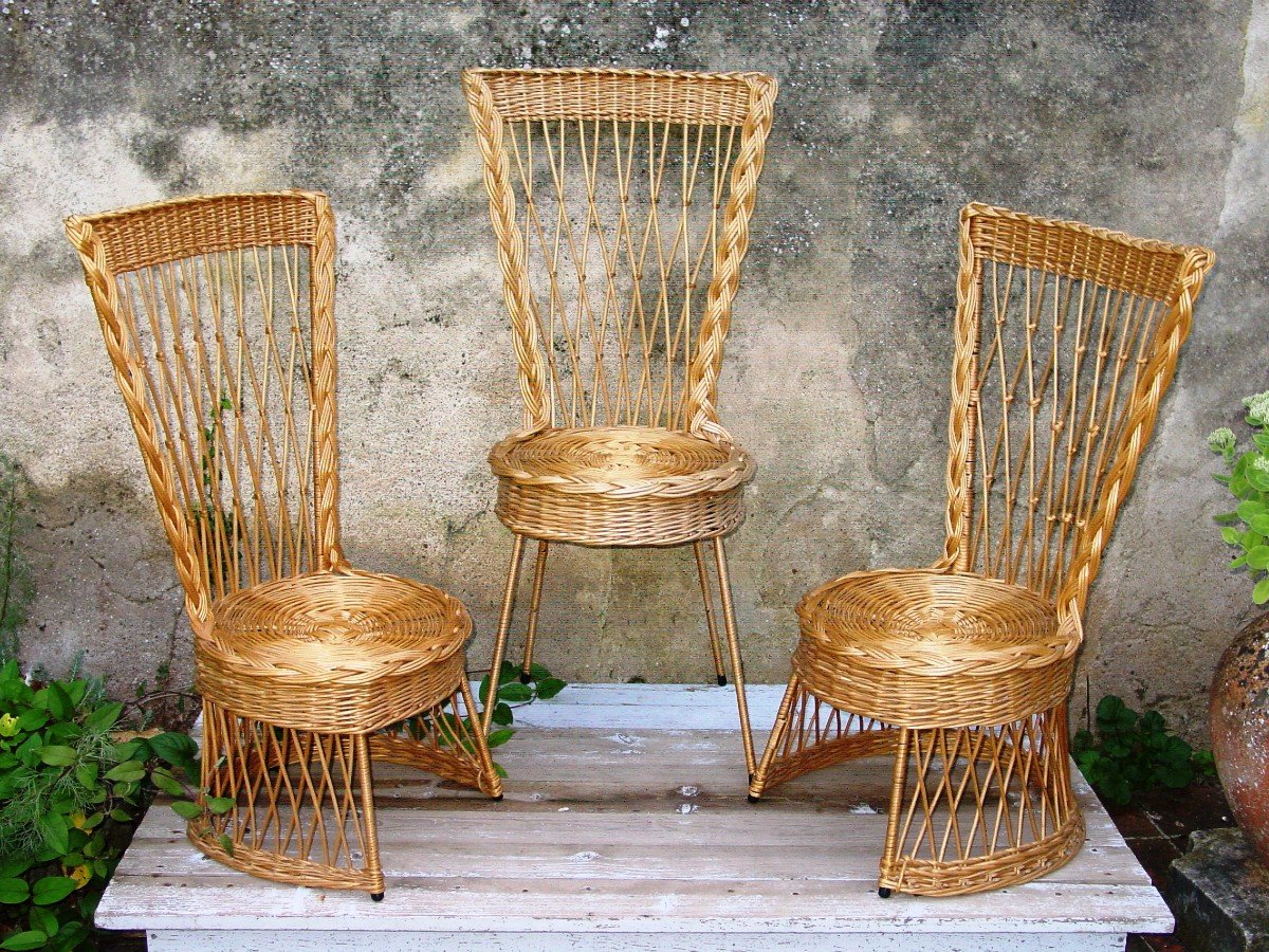 2 Fireside Chairs & 1 French Or Italian Wicker Chair From The Sixties Rattan