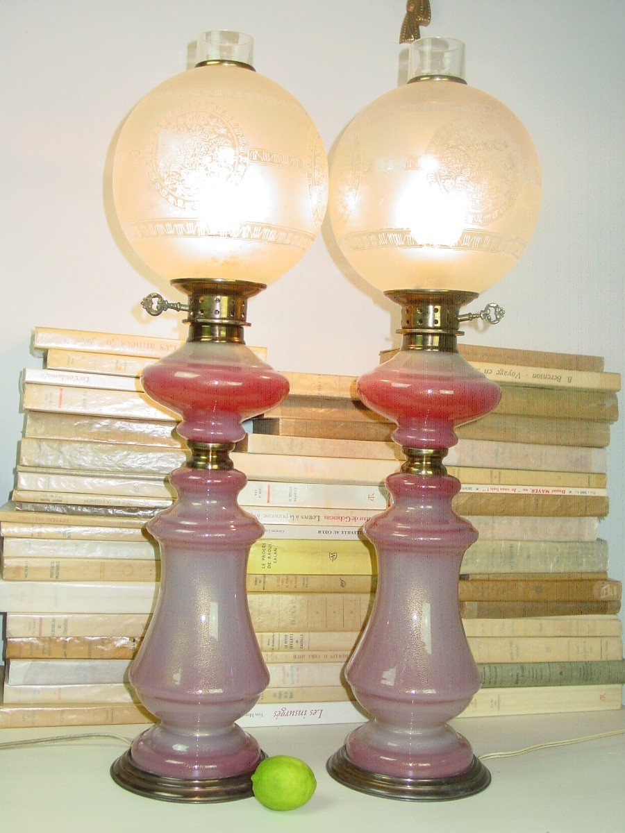 Pair Of Murano Lamps Or Consorts 1960 Styl Charles X Decor Opaline Gorge De Pigeon Gold Spangles-photo-4