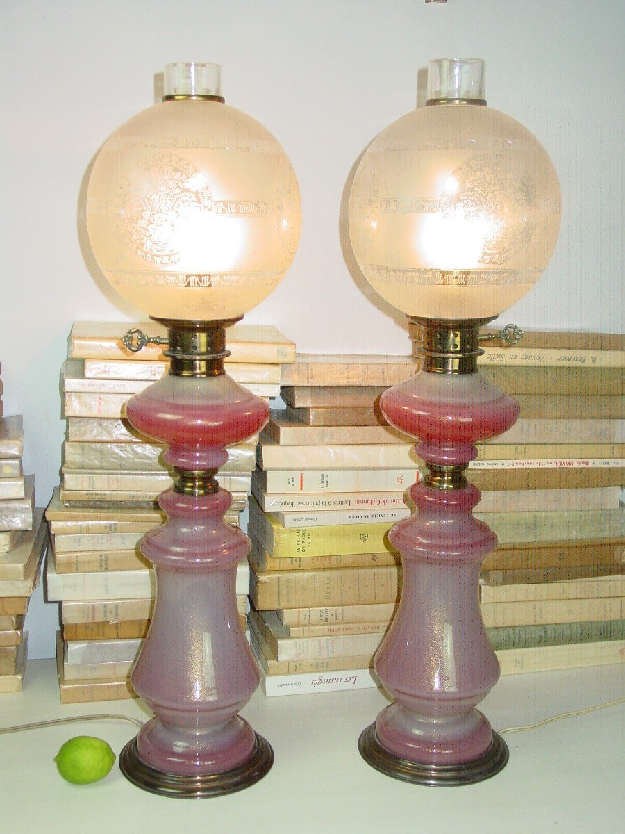 Paire Lampes Murano Ou Consorts 1960 Styl Charles X Décor Opaline Gorge De Pigeon paillons d'or-photo-5