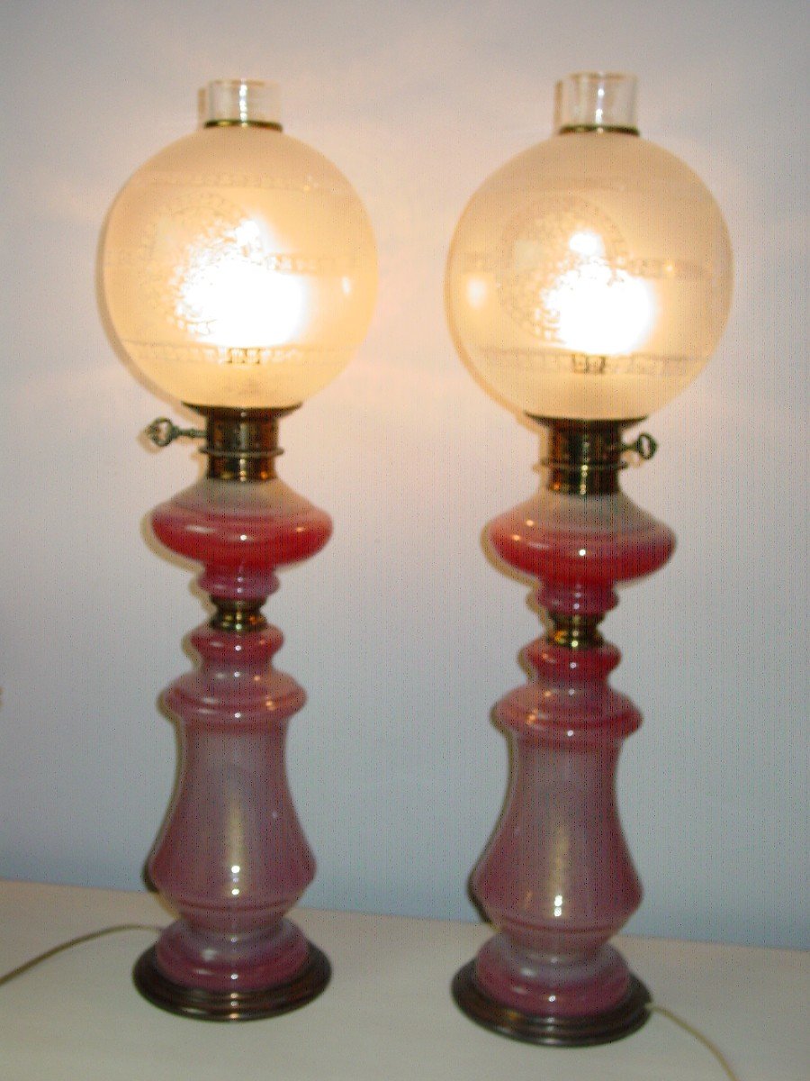 Pair Of Murano Lamps Or Consorts 1960 Styl Charles X Decor Opaline Gorge De Pigeon Gold Spangles-photo-6