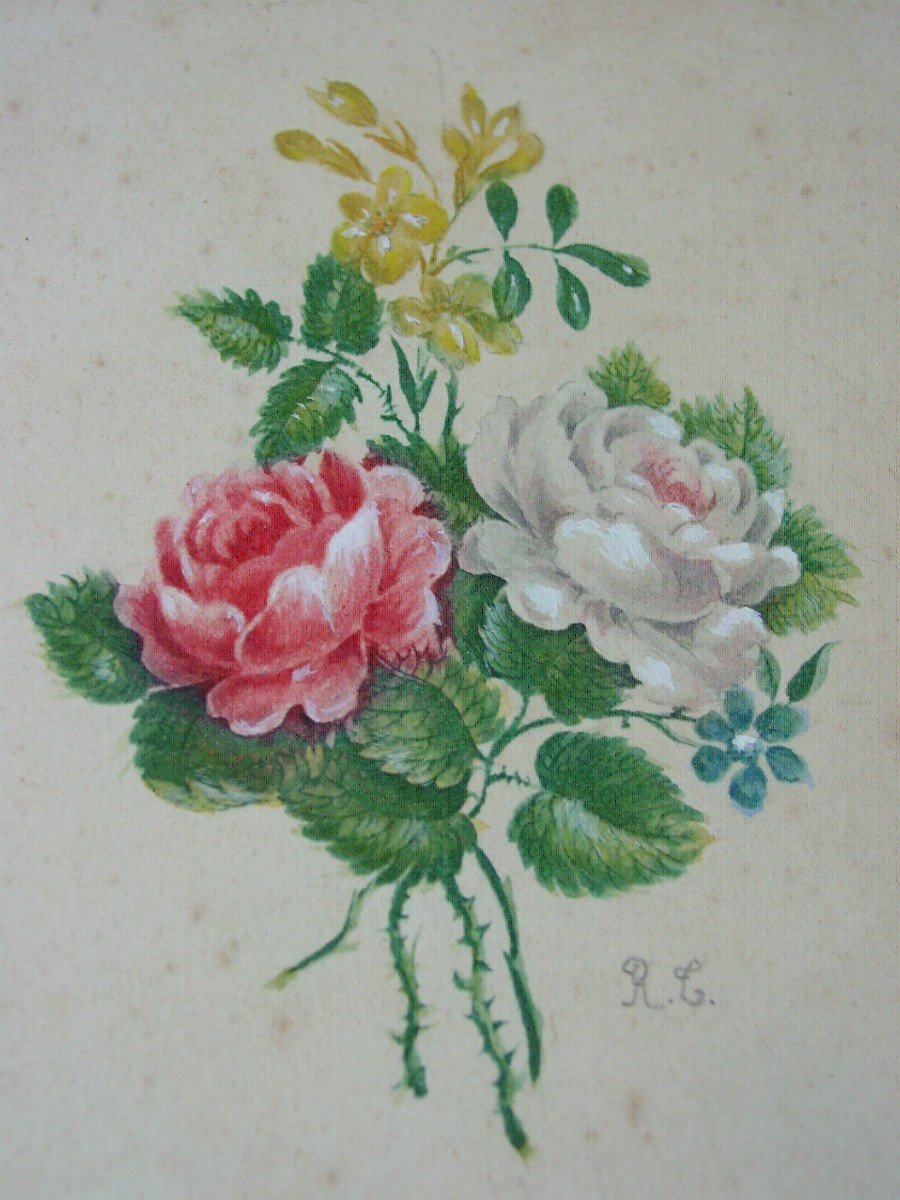 Bouquet De Roses à La Gouache Du 19ème Siècle Monogramme : R C-photo-3