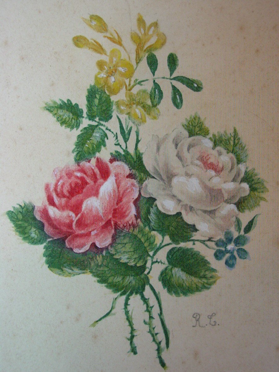 Bouquet Of Roses In Gouache From The 19th Century Monogram: Rc-photo-1