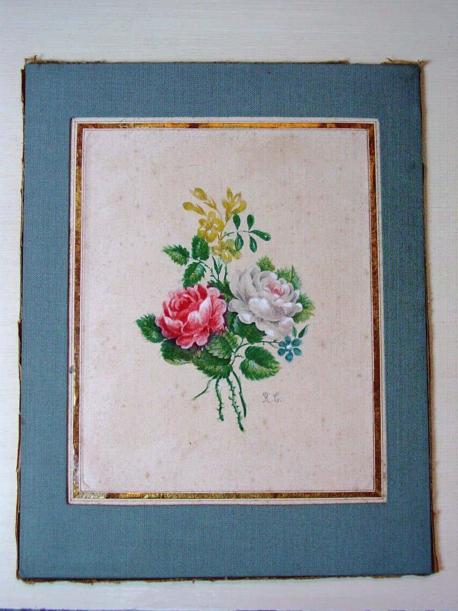 Bouquet De Roses à La Gouache Du 19ème Siècle Monogramme : R C