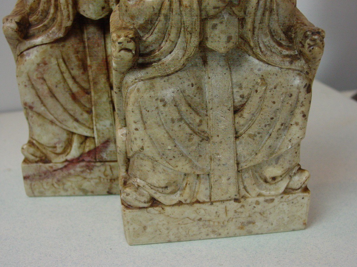 2 Dignitaries Carved In Lard Stone, Soapstone Far East China, Seal Stamp-photo-2