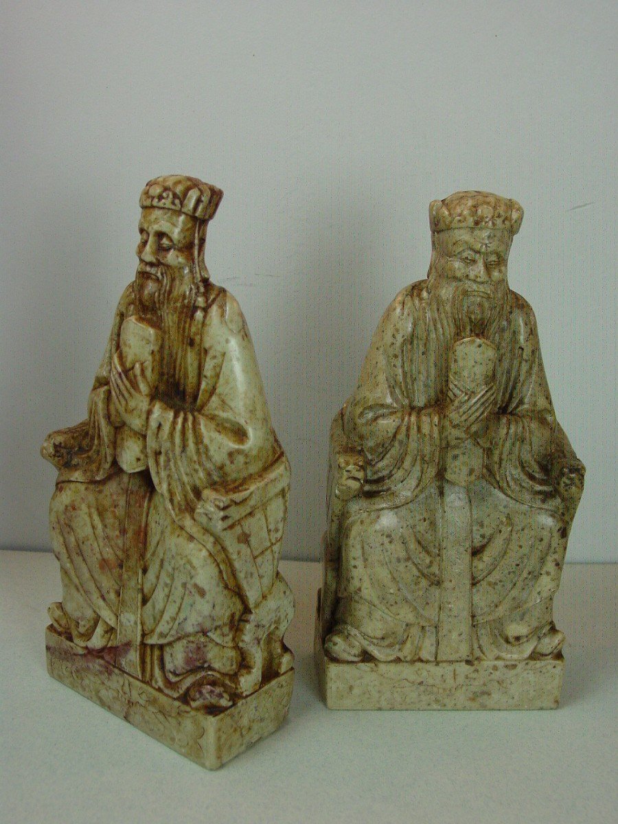 2 Dignitaries Carved In Lard Stone, Soapstone Far East China, Seal Stamp-photo-4