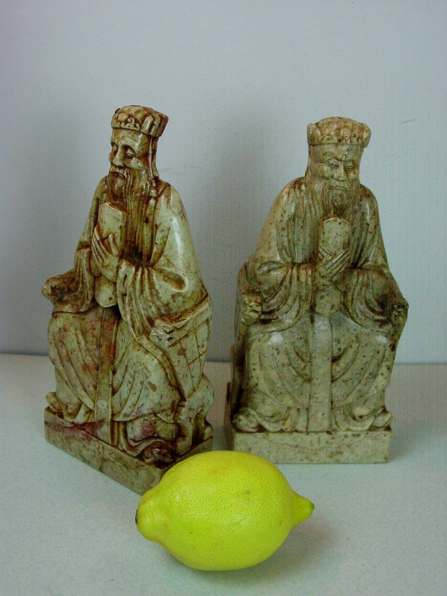 2 Dignitaries Carved In Lard Stone, Soapstone Far East China, Seal Stamp