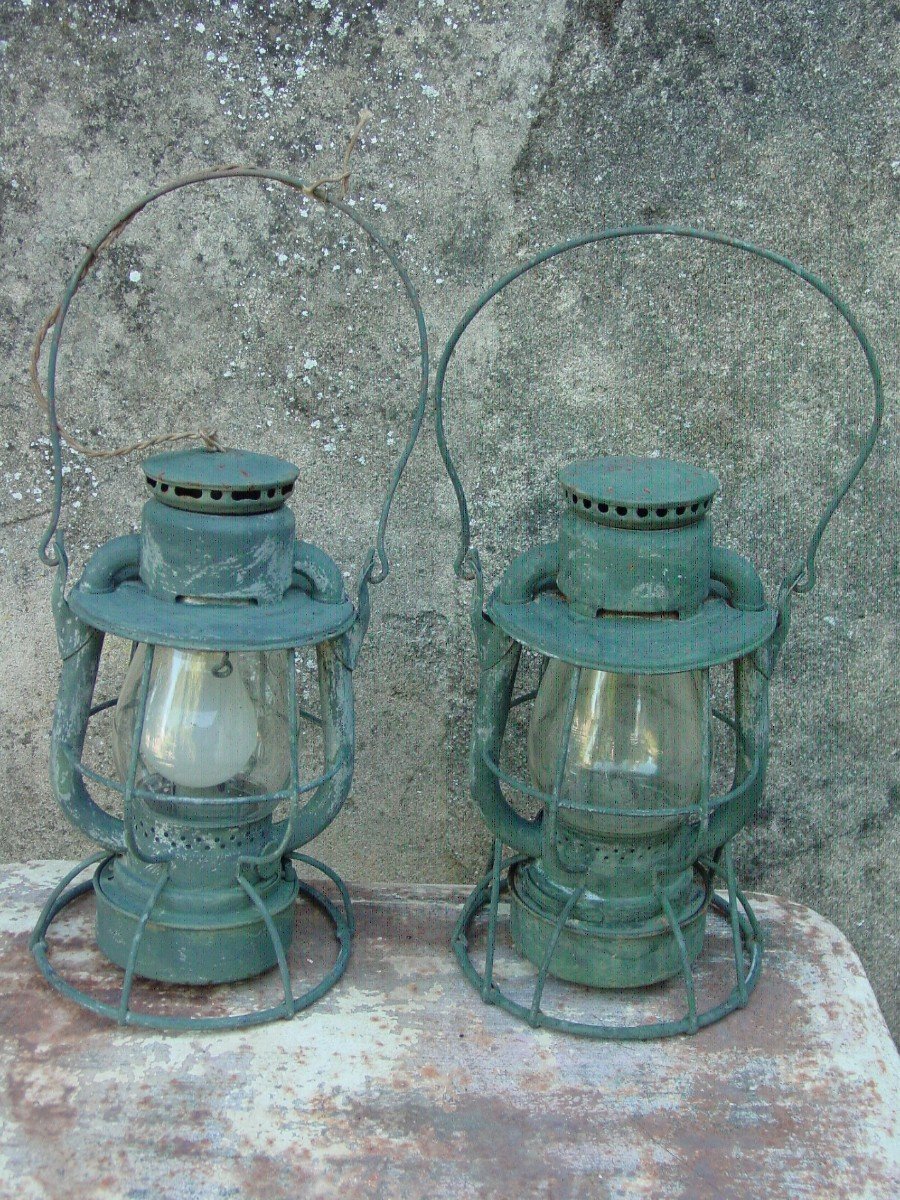 Paire Lanternes "Dietz Vesta USA"  vers 1920 pour le train -photo-3