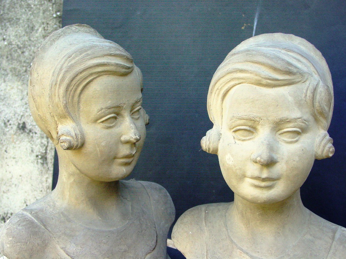 Les Jumelles 2 Bustes De Fillette Par Jean Victor Badin (1872-1949)-photo-2