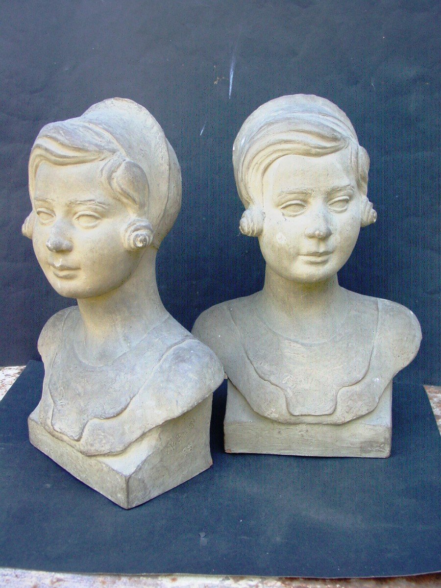 Les Jumelles 2 Bustes De Fillette Par Jean Victor Badin (1872-1949)-photo-4
