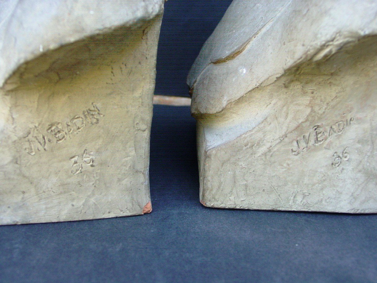 Les Jumelles 2 Bustes De Fillette Par Jean Victor Badin (1872-1949)-photo-1