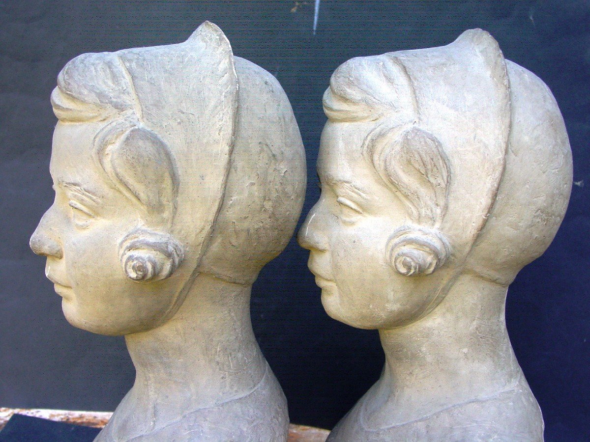 Les Jumelles 2 Bustes De Fillette Par Jean Victor Badin (1872-1949)-photo-2
