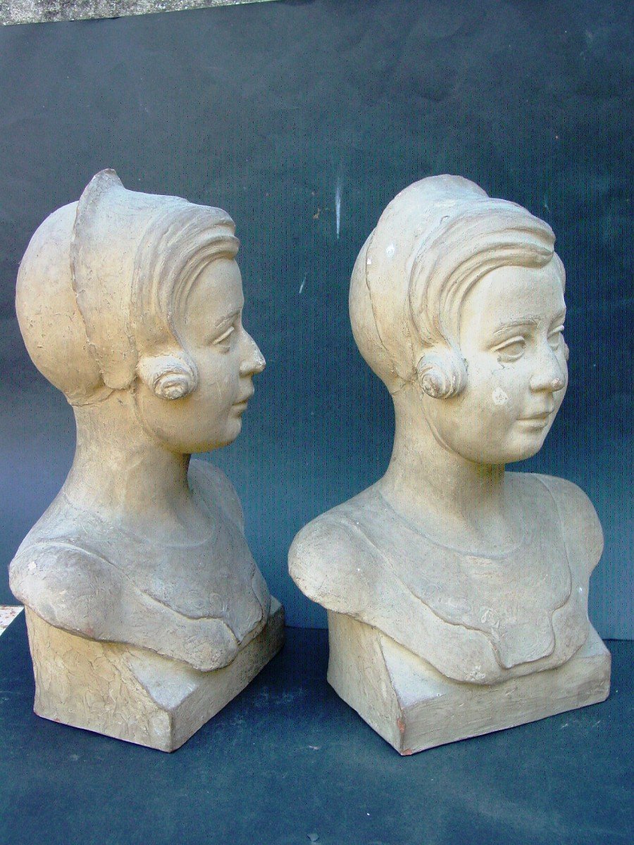 Les Jumelles 2 Bustes De Fillette Par Jean Victor Badin (1872-1949)-photo-5