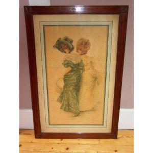 Large Lithograph, "the Two Friends" Frédérique Vallet Bisson Original Frame