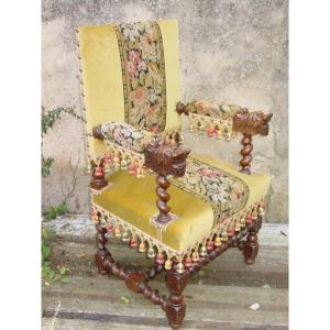 Petit Fauteuil Style Louis XIII Chêne Regarni Tapisserie Renaissance