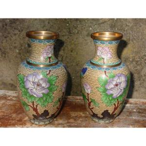 Pair Of Japanese Vases In Cloisonne & Gold