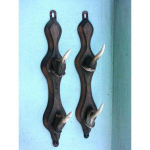 Pair Of Oak & Antlers Hunting Horse Riding Accessories Racks (coat Racks)