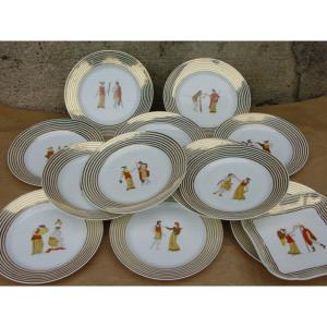 12 Plates + 1 Paris Porcelain Bowl With Neo-greek Or Etruscan Decor