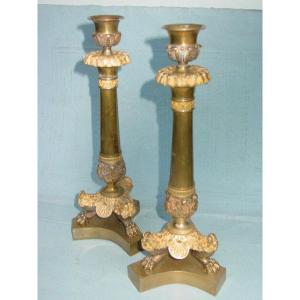 Pair Of Candlesticks, Torches, Th. Gilded & Patinated Bronze Restoration