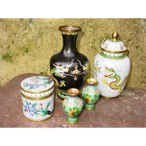 Set Of 5 Cloisonné Enamels From China Circa 1960 Tbétat