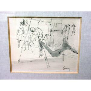 "9/8/69" Jean Jansem Ink Drawing "the Washerwomen" Well Framed