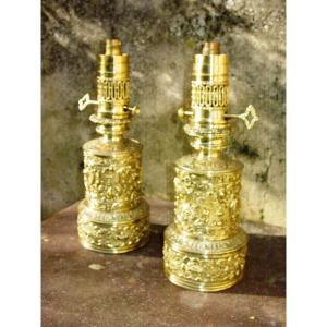Pair Of Renaissance Style Lamps 1900 Polished & Stamped Brass