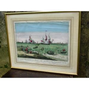 Gravure Aquarellée 18ème Siècle : Flotte En Partance vue d'optique