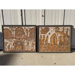 Inde Indonésie paire de panneaux peints 