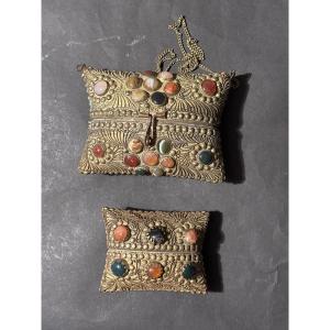 Evening Bag, Minaudière, Gilt Brass, Filigree, Agate Beads 