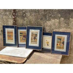 5 Miniatures Indiennes du 19 eme minutieusement encadrées vers 1975 