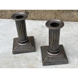Paire Bougeoirs à la Financière style Louis XVI Bronze Argenté 