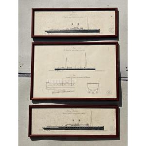 Yachting Three Ink Drawings By Engineer Hart Circa 1910-20