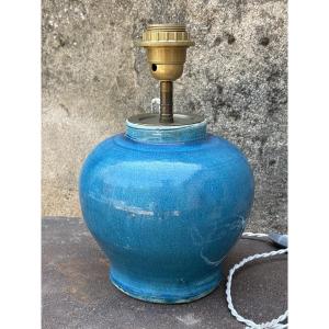 Vase bleu craquelé Persan monté en lampe vers 1930.