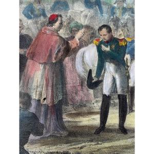Charles Motte (1784-1836) Lithographie Napoléon Fontainebleau  Pape Pie VII