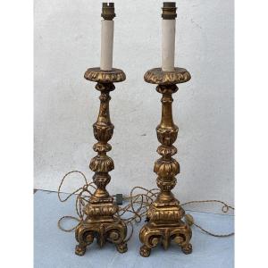 Pair Of 18th-century Gilded Wooden Candlesticks Converted Into Lamps