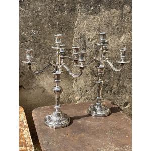 Grande Paire Candélabres Chandeliers Metal Argenté