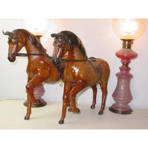 2 Large Brown Horses In Leather Circa 1970