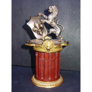 Lion Héraldique En Bronze Argenté Et Doré Fleur De Lys