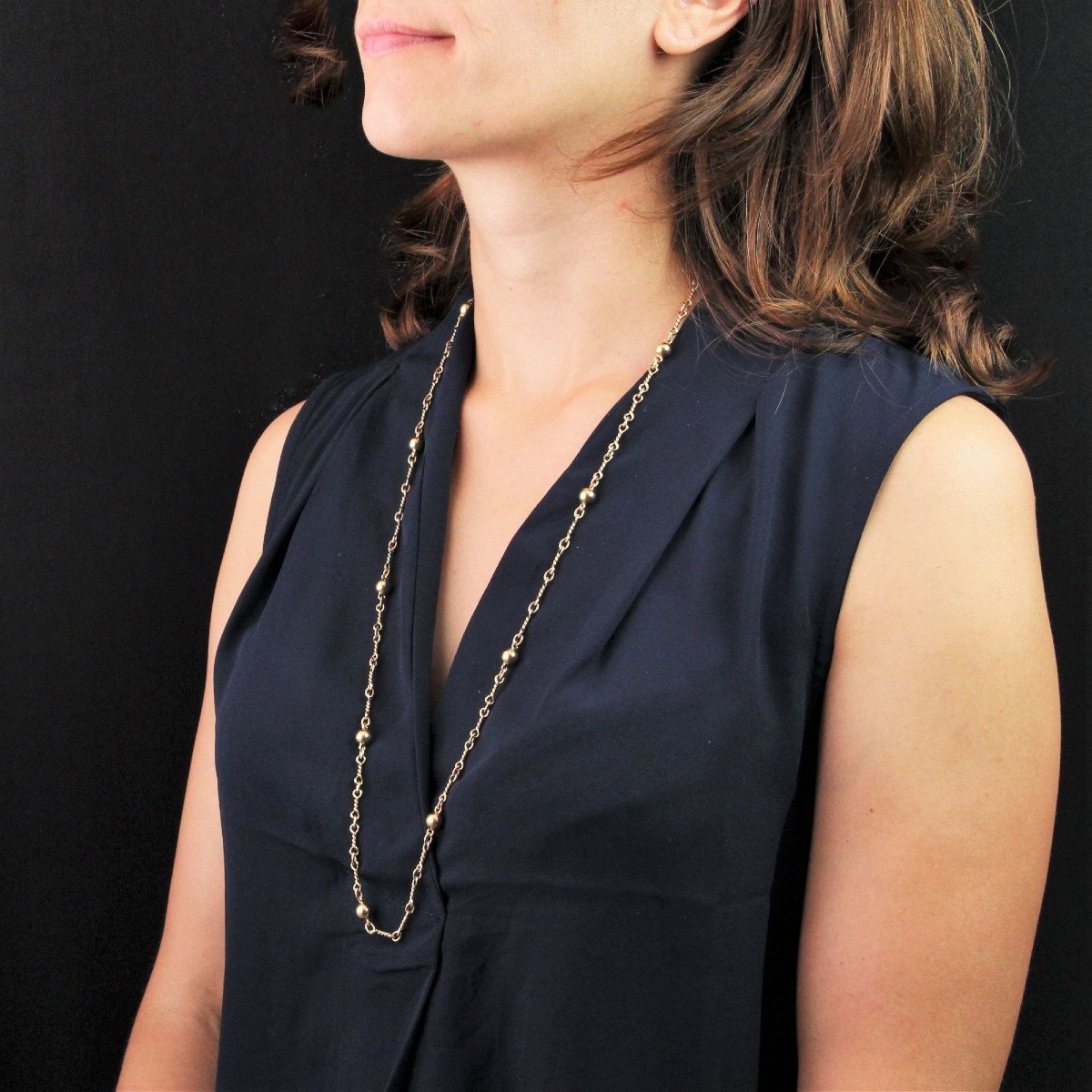 Vintage Long Gold Necklace With Gold Beads And Twisted Links-photo-2